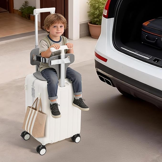 CNCEST 20" Adjustable Double Handle Ride-on Luggage,Travel Carry On Trolley Case with Mesh Pocket for Kids,Children's Ride On Suitcase with Wheels & TSA Lock (StyleB, White)