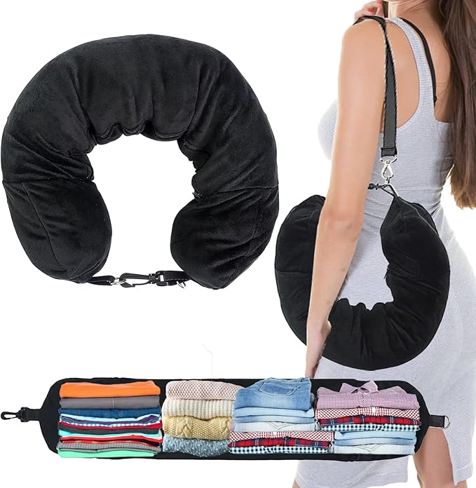 1/2PCS Travel Pillow Stuffable with Clothes As Carry-On Luggage Fits Up to 3 Days of Travel Essentials, Multifunctional U-Shaped Pillowcase for Business, Trip, Outdoor (1PCS-Black)