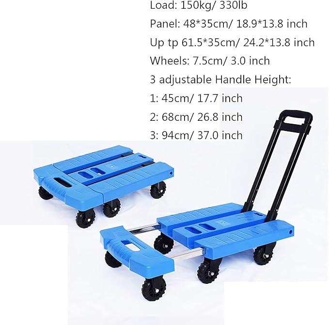 Heavy Duty Folding Hand Truck – 6-Wheel Flatbed Cart with Extendable Handle for Home Office Travel & Luggage – 330lbs Capacity Small Trolley (Color: Blue)