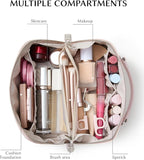 EACHY Travel Makeup Bag, Large Capacity Cosmetic Bag for Women, Waterproof PU Leather, Flat Open Portable Toiletry Bag for Skincare, Brushes & Travel Essentials