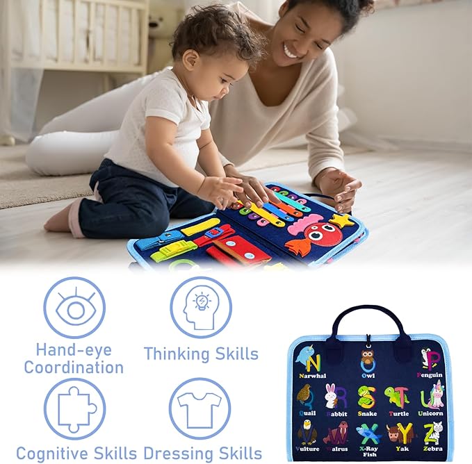 Gojmzo Busy Board Montessori Toys for Toddler Boys & Girls Gifts, Sensory Toys for Toddlers, Educational Travel Preschool Activities Learning Alphabet Count Fine Motor Skills