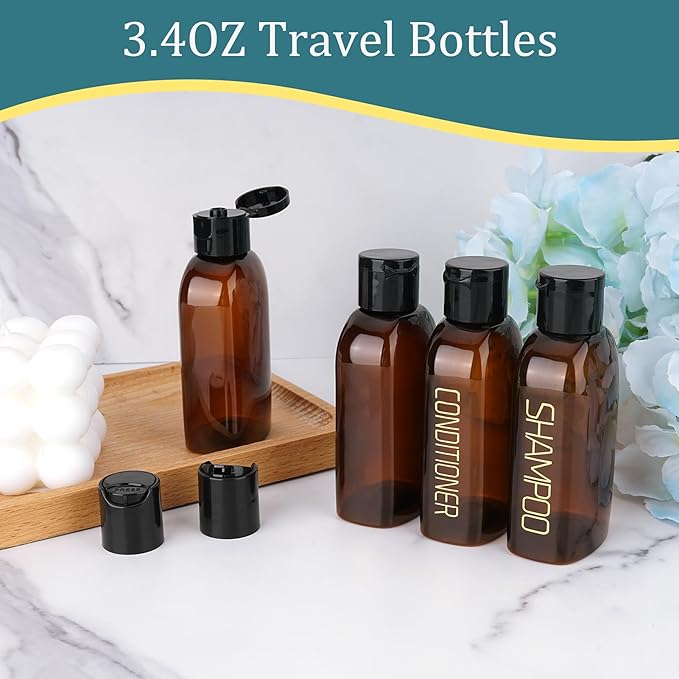 Cosywell Travel Bottles for Toiletries 4PCS 3.4oz/100ml Plastic Squeeze Bottles TSA Approved Travel Size Containers Leakproof Plastic Cream Jars Refillable Cream Lotion(Brown)