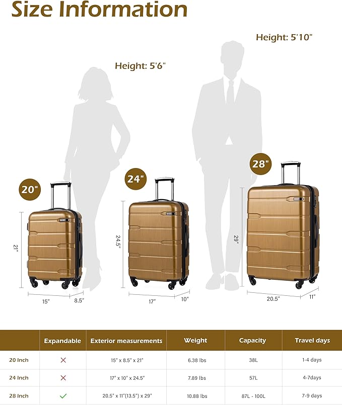 Coolife Medium Checked Luggage Hardside PC+ABS Suitcase with TSA Lock, Lightweight Rolling Carry On with Spinner Wheels(Black Brown, 24in)