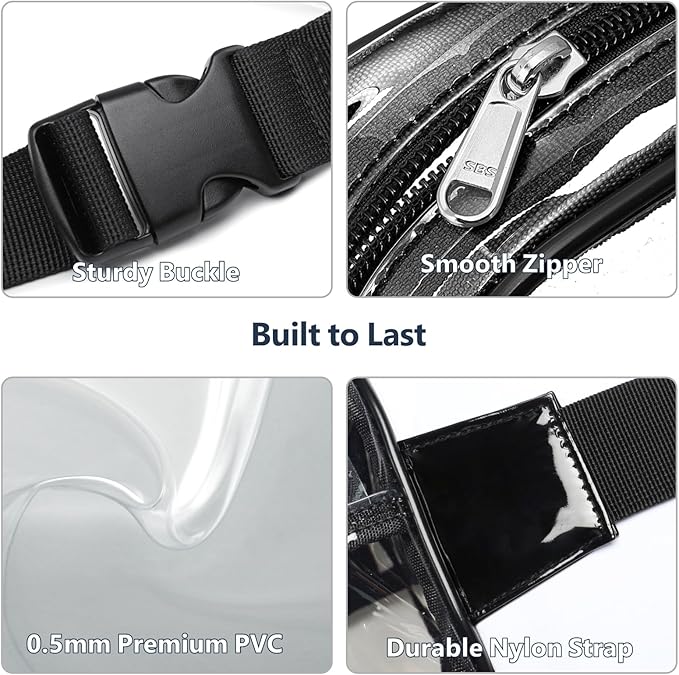 Packism Clear Fanny Pack Stadium Approved - 2-Pack Plus Size 35-51 inches Adjustable Strap Clear Belt Bag for Women Men Transparent Waist Bag for Concerts, Sporting Events, Black