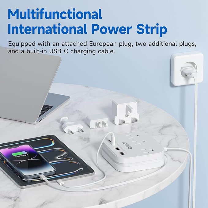 UK European Plug Adapter, Unidapt US to Europe Power Strip for EU/UK/US with Built in USB C Cord and 4 USB Ports, 3 AC Outlets, Wall Mountable, 5ft Extension Cord, for Travel Cruise Ship Home