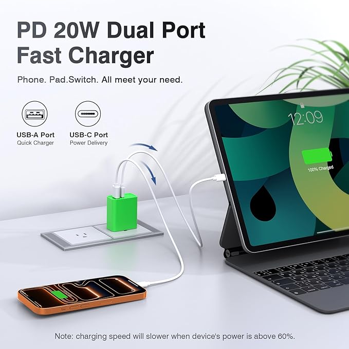 LCGENS 2-Pack USB C Wall Charger, 20W Type C Fast Charger Block Plug Dual Port PD + QC3.0 USB A Charging Brick Cube for iPhone 16/15/14, iPad,Galaxy S25/24, Google Pixel, Motorola,(Bright Green)