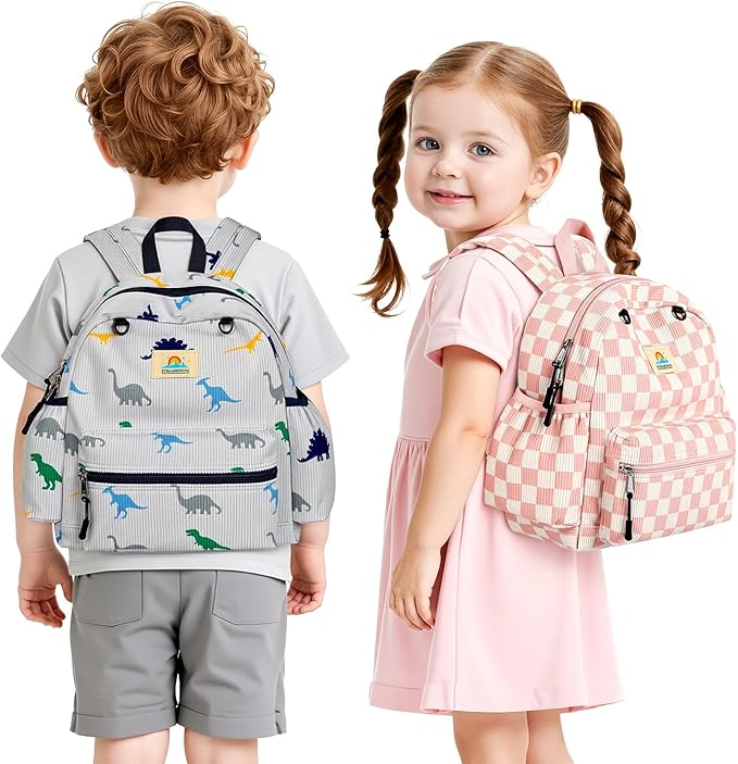 STEAMEDBUN Corduroy Toddler Backpack for Boys 2-4: Kids backpack for Boys Girls - 12 inch Preschool Kindergarten Backpacks - Dinosaur