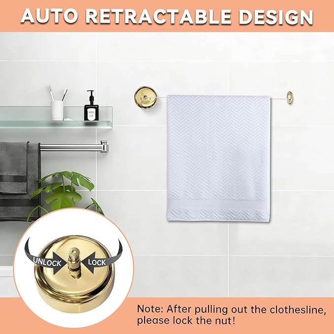 Retractable Clothesline,Wall Mounted Adjustable Clothing Rope for Shower Room Bathroom Laundry (Gold)