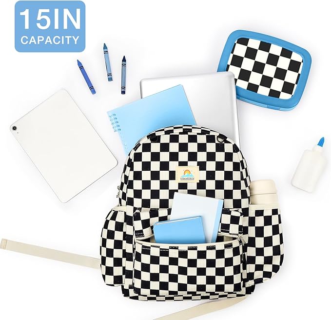 STEAMEDBUN Corduroy Kids Backpack for Girls and Boys 5-8: Boys Backpack for Elementary Kindergarten - 15 inch Cute Backpacks for Kids - Checkered