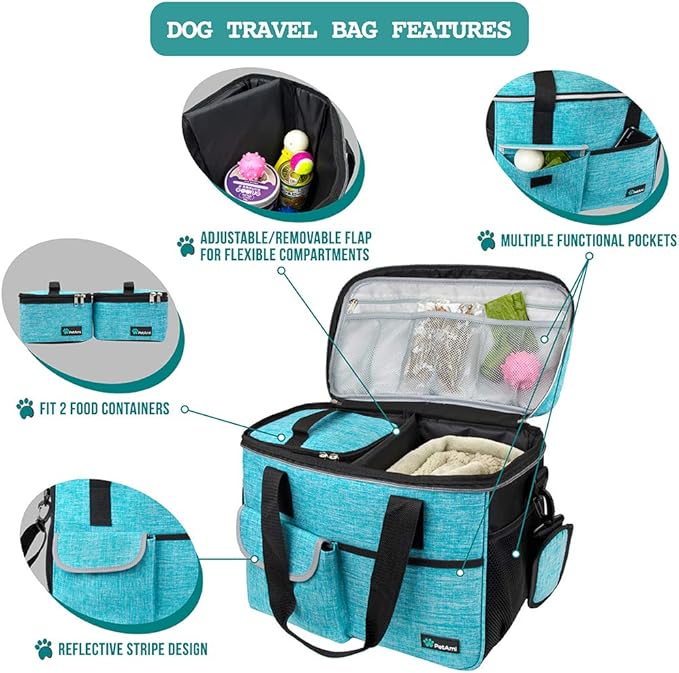 PetAmi Dog Travel Bag, Travel Pet Bag Organizer, Dog Food Travel Bag with Container Collapsible Bowls, Pet Travel Supplies Gift Accessories for Weekend Camping, Puppy Cat Diaper Bag, Teal Blue Medium