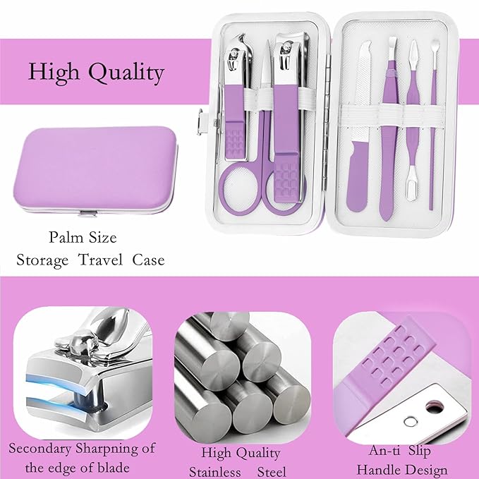 Aceoce Manicure Set Women's Nail Clipper Set Nail Kit with Travel Case - Purple, Stainless Steel, Compact, Curved Edge, Perfect for Travel & Everyday Use