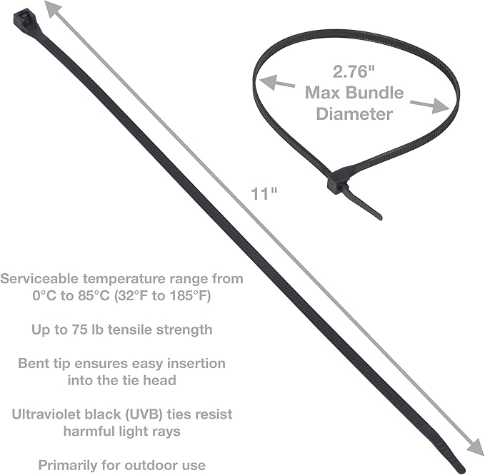 Gardner Bender 46-310UVBM Nylon Doublelock Cable Tie, 11 in., 75 lb Tensile Strength, Wire Tie / Industrial / Outdoor & Household Use, Zip Tie, 1,000 Pk., UV Resistant Black
