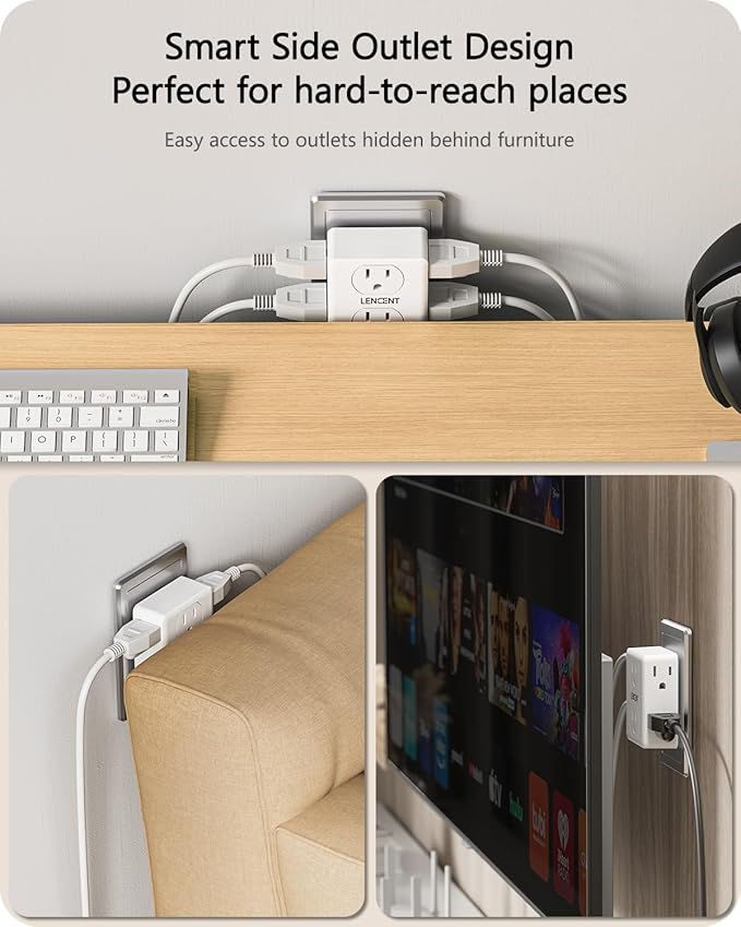 LENCENT 2 to 3 Prong Outlet Adapter, 2 Pack 2 Prong Power Strip, 6 Widely Spaced Sockets Extender, 3-Sided Wall Plug Splitter, 1875W Max, Compact Wall tap for Non-Grounded Outlets in Old House Hotel
