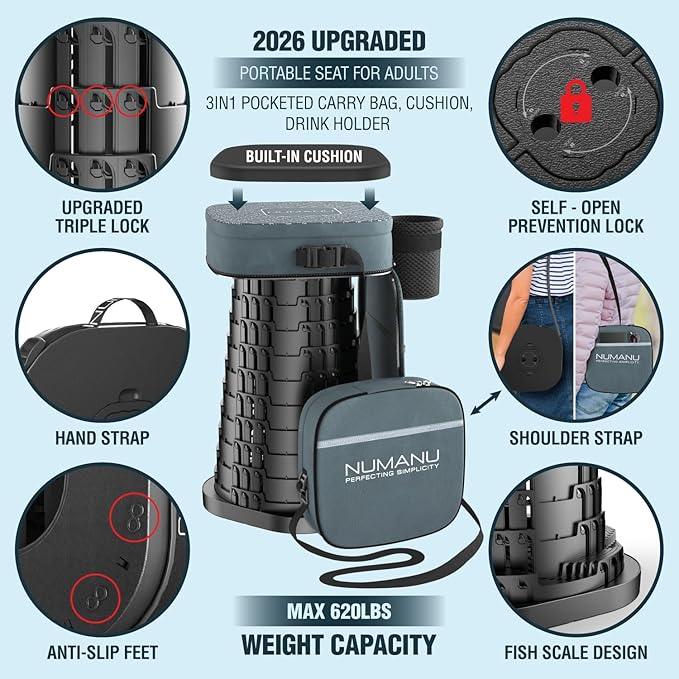 NUMANU 2026 Upgraded XXL Collapsible Stool & 3IN1 Cushioned Carry Bag, 2.6"-19.7" Height Adjustable, Max 1,000lbs Portable Retractable Telescoping Seat, Foldable Camping Stool for Adults (XXL Square)