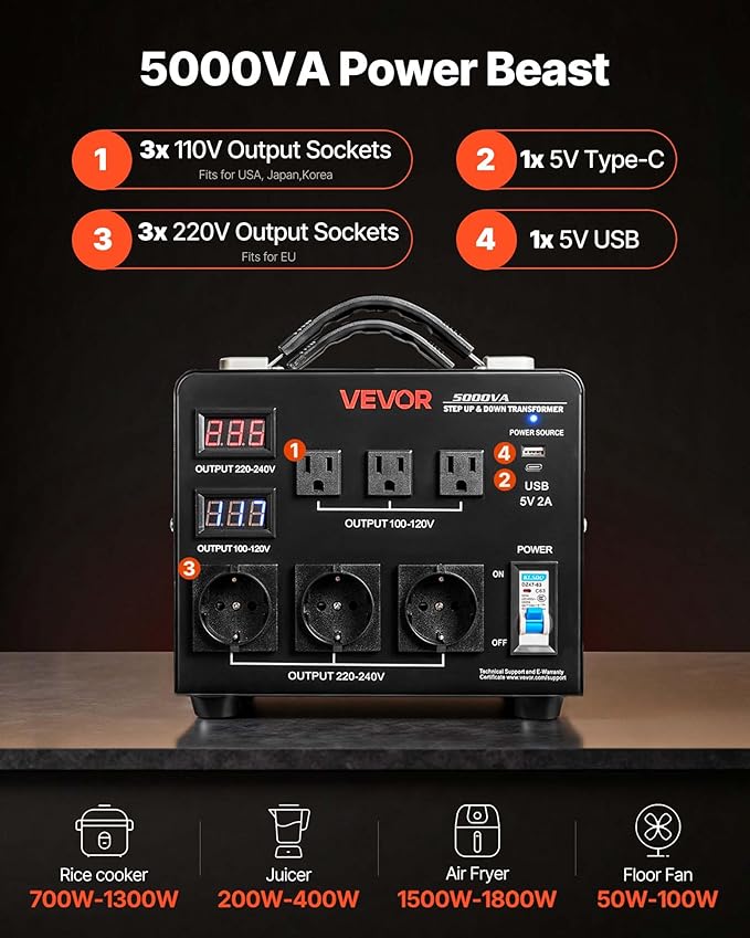 VEVOR Voltage Auto Converter Transformer, 5000VA, Heavy Duty Step Up/Down Power Transformer, 110V to 220V and 220V to 110V, with 3 US Outlets, 3 EU Outlets, LCD Display, Circuit Breaker Protection