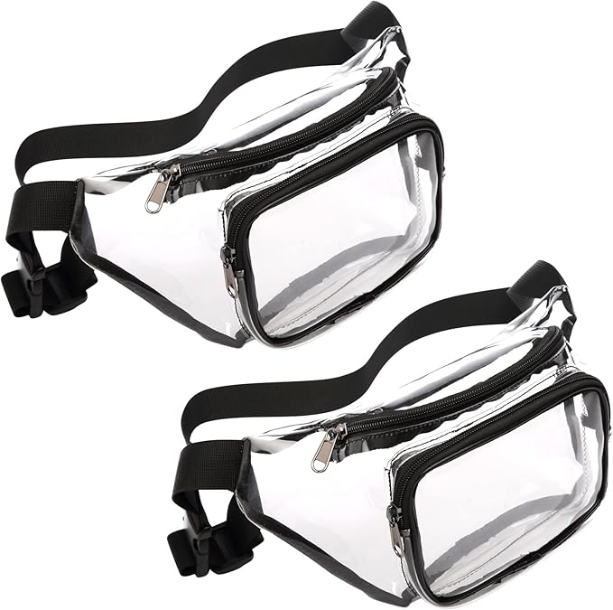 Veckle Clear Fanny Pack Stadium Approved - Adjustable 33-47 Inch Strap, Transparent Belt Bag for Women Men Fits 7.5-inch Smartphone, Waist Bag Clear Bag for Sport Events, Concerts, 2-Pack Black