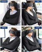 Travel Pillow and Blanket Set, Compact Airplane Pillow Bag with Eye Mask for Long Flights Sleeping, 360° Support Head Strap Travel Essentials for Plane Car Sleep Neck Upright, Stop Head Drop(Grey)