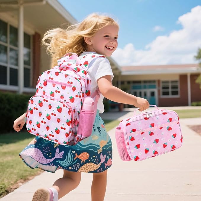 RHCPFOVR Kids Backpack for Girls - Girls Backpack 3-8 Ages Strawberry for Kids 15 Inch School Bookbag for Kindergarten Elementary School Bookbag for Girl 1st 2nd Grade
