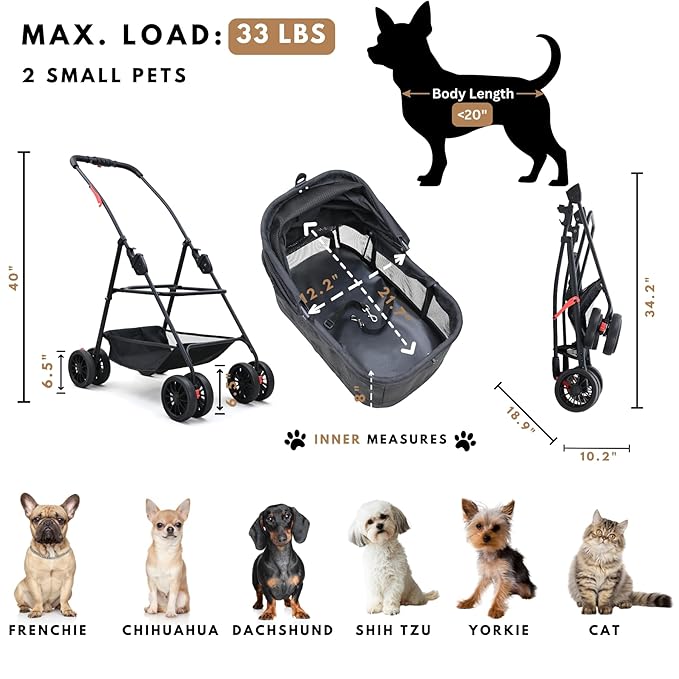 Bicystar Pet Stroller for Small Dogs Cats with Wheels, Detachable Carrier, Max Load 33 lbs, Easy Folding, Compact Portable, Dog Carriage Cart Car Seat 3 in 1