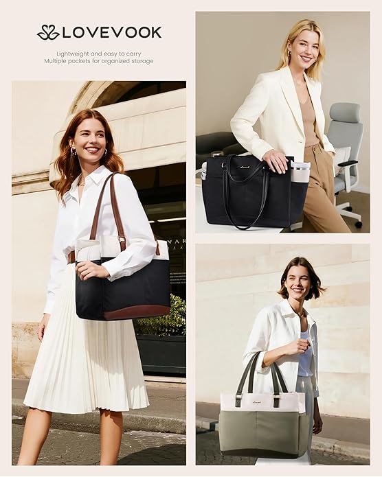 LOVEVOOK Laptop Tote Bag for Women with 3 Separate Pocket Work Bag with Large Cup Holder Computer Briefcase for Teacher Nurse