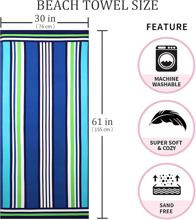 Beach Towel Microfiber 60"x30" Lightweight Quicy Dry Stripes Travel Towels Swim Pool Yoga Gym Camping for Adults Women Men Beach Essentials Accessories Vacation Gift (Stripes, 1 pcs)