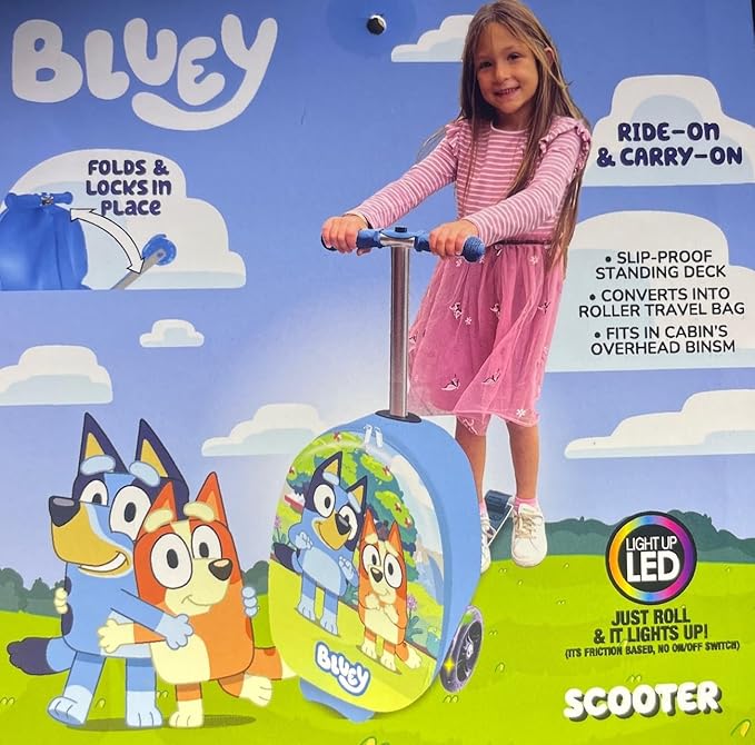 Fast Forward Bluey 18" Ride-On Suitcase Scooter - Lightweight Carry-On Foldable Scooter Luggage