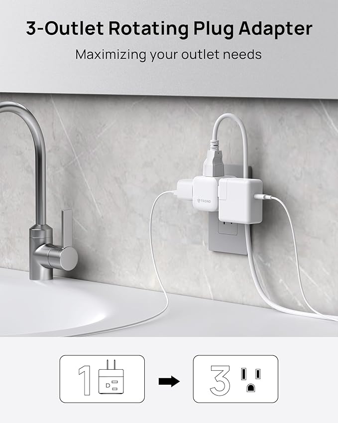 TROND 2 Prong to 3 Prong Outlet Adapter with 360 Rotating Plug, 3 Way Plug Splitter, Travel Power Splitter for US to Japan, Turn the Horizontal to Vertical Non-grounded Outlet in Old House