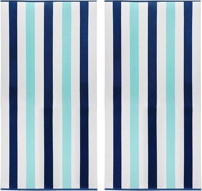 COTTON CRAFT Oversized XL Beach Towel - 2 Pack 39 x 68 inches Big & Huge Beach Blanket Towel - 100% Cotton Velour Thick Plush 450 GSM Super Soft Luxury - Pool Picnic Bath Towel - Cabana Stripe Blue