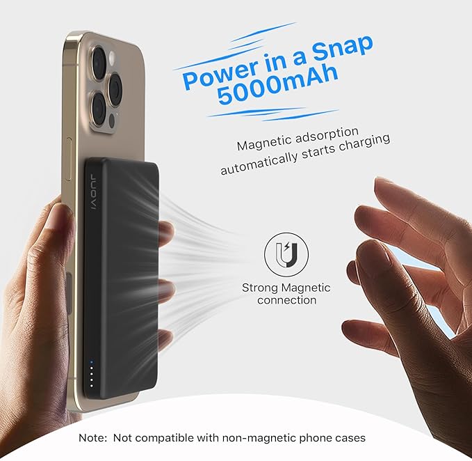 JUOVI Magnetic Wireless Power Bank Ultra-Slim 5000mAh Portable Charger 20W PD Fast Charging Mini Battery Pack with USB-C Cable Compatible for Magsafe Airpods i-Watch iPhone 16 15 14 Series (Black)