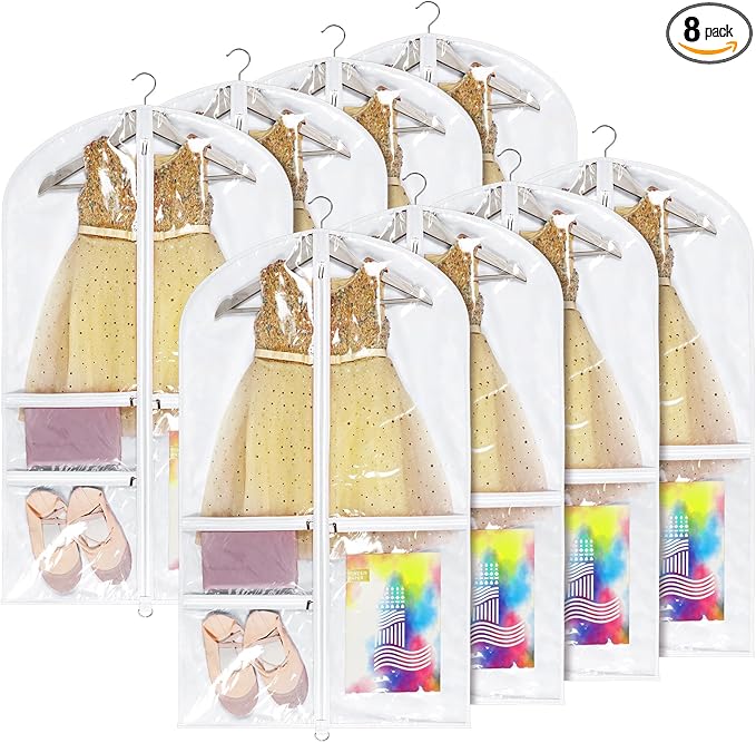Univivi Dance Costume Bags Garment Bag 40 Inch Hanging Clothes for Dance Competitions, with 3 Medium Clear Zipper Pockets for Dance Costumes, Closet Storage (White) - 8 Pack