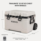 Igloo Trailmate 52Qt Wheeled Cooler, Insulated Hard Shell Ice Chest, Bone