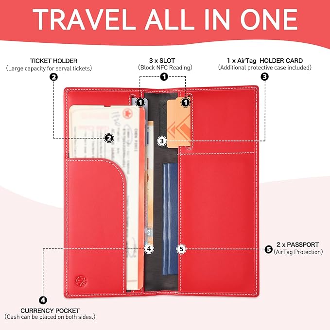 Leather Passport Holder for Travel with AirTag Holder, RFID Blocking Passport Wallet with Card Slots for Men & Women (Red)
