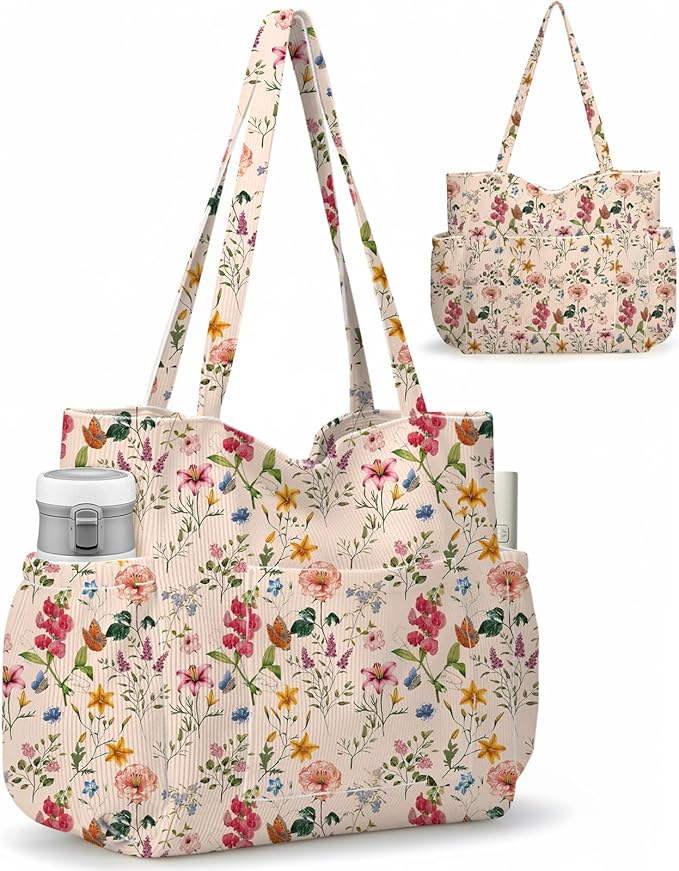 Corduroy Tote Bag for Women,Large Capacity Cute Tote Bags With 6 Pockets,Crossbody Shoulder Handbag for Work Travel Gym