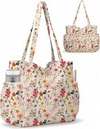Corduroy Tote Bag for Women,Large Capacity Cute Tote Bags With 6 Pockets,Crossbody Shoulder Handbag for Work Travel Gym