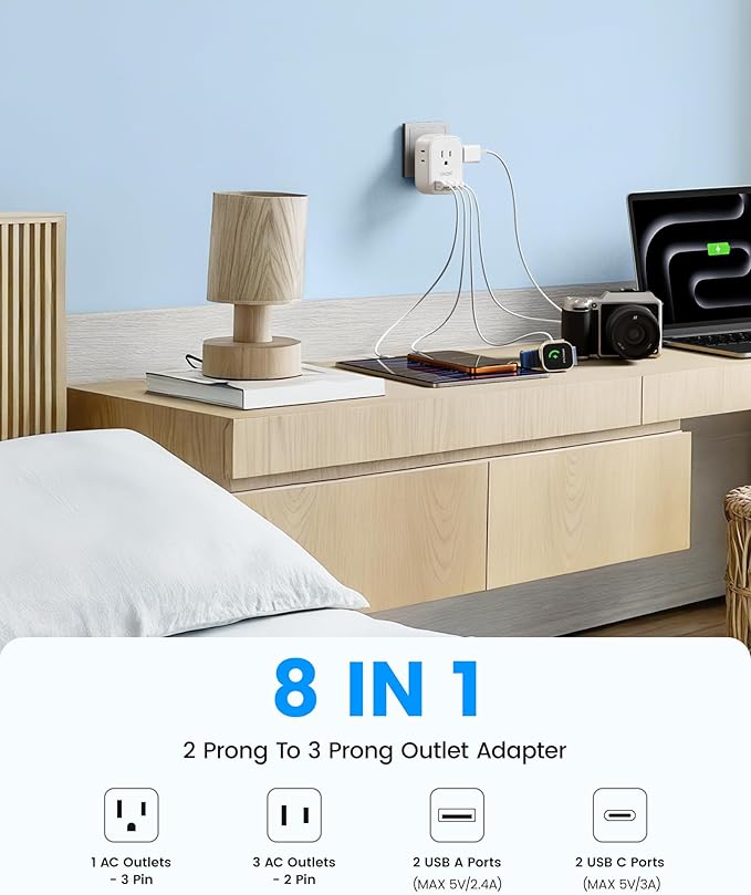 LENCENT US to Japan Plug Adapter, 2 Prong to 3 Prong Outlet Adapter with 4 Outlets 4 USB Ports(2 USB C), Type A Travel Converter for US to Japan Canada Mexico China Philippines Peru
