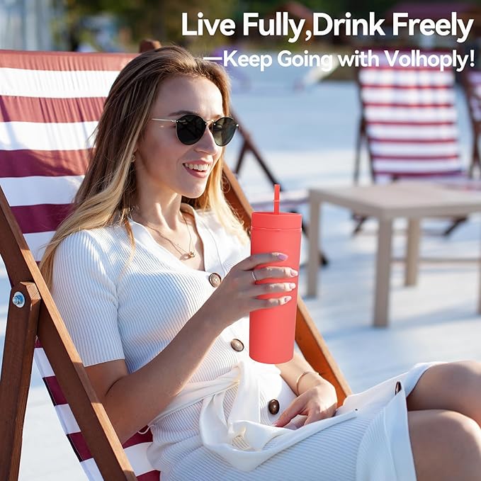 Volhoply 20oz Tumbler with Lid and Straw 8 Pack,Double Wall Plastic Skinny Tumblers Bulk,Reusable Travel Cute Coffee Mug,BPA Free Matte Acrylic Water Cups with Straw for Party,DIY Gifts(Red, 8 Set)
