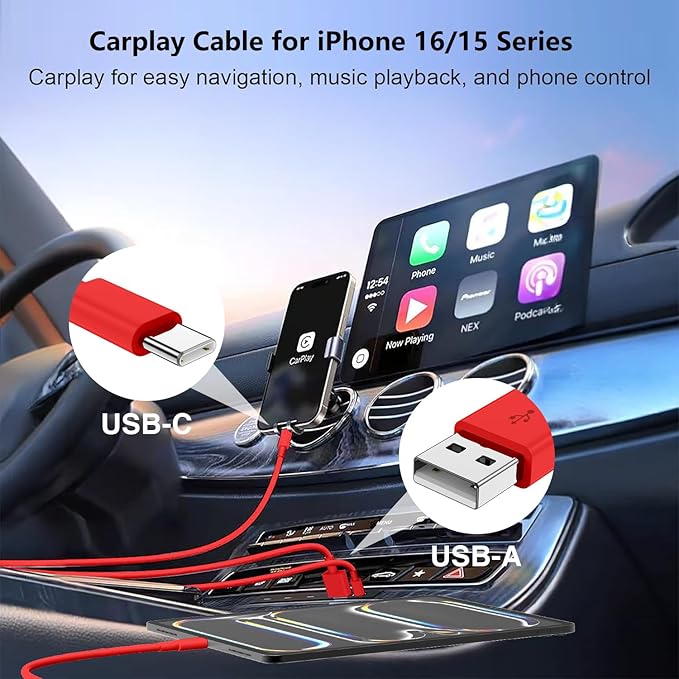 USB C Car Charger for iPhone 17 16 15 Pro Max, 40W Dual Port USB-C & USB-A Car Fast Charging Adapter, 2X6.6FT C to C Cable & A to C Carplay Cable for iPhone 17 16 15 Series/iPhone Air,iPad,Samsung-Red