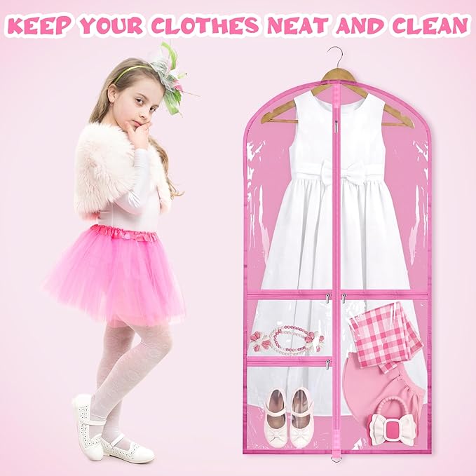 Woanger 6 Pcs Garment Bags for Dance Costumes Clear PVC with Zippers Garment Bag with Pockets Dance Costume Organizer Carrier for Storage Cover for Adult(Clear Pink,20'' X 40'')