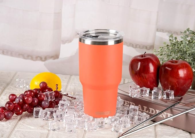 D·S 30oz Orange Tumbler Stainless Steel Insulated Travel Mug with Straw Lid Cleaning Brush (30oz Orange)