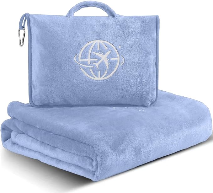 2-in-1 Travel Blanket and Pillow – Lightweight, Compact, Ultra Soft, Machine Washable – Handle, Luggage Sleeve, Backpack Clip – for Travel Airplane, Car, Office (Light blue)