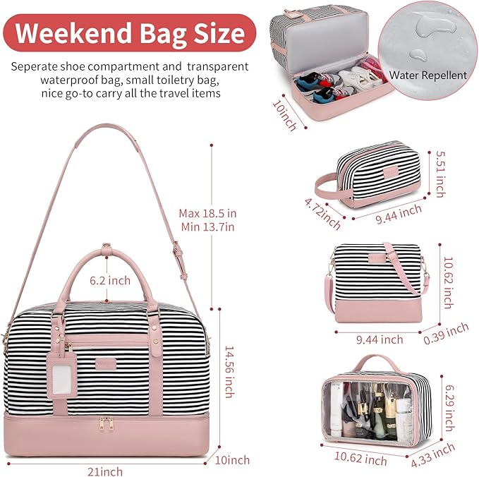 Wogarl 4PCS Weekender Bags for Women Large Overnight Weekend Travel Duffel Carry on Shoulder with Shoe Compartment Canvas Toiletry Bag for Travel Business Gym