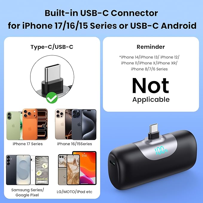 [2 Packs]Mini Portable Charger for iPhone 17/16, 5500mAh LCD Display USB C Power Bank,Fast Phone Charging Travel Pocket Size Battery Pack for iPhone 17/17 Pro/17 Pro Max/Air/16/15 Series,Android,etc