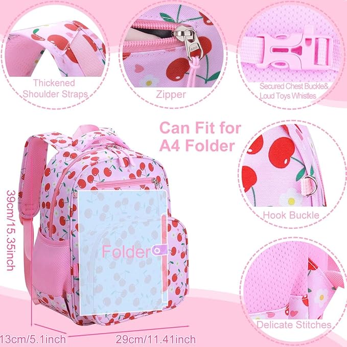 RHCPFOVR Kids Backpack for Girls - Girls Backpack 3-8 Ages Cherry for Kids 15 Inch School Bookbag for Kindergarten Elementary School Bookbag for Girl 1st 2nd Grade