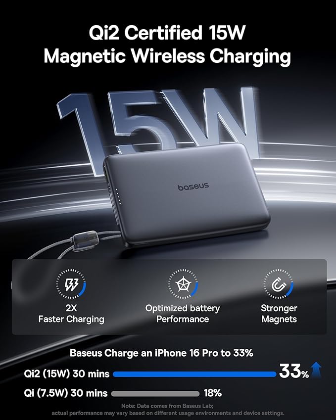 Baseus Picogo Qi2 15W Magsafe Portable Charger, 0.5" Ultra Slim 10000mAh Wireless Power Bank with 27W Built-in USB-C Cable, Magnetic Battery Pack for iPhone 17 Pro Max/17 Pro/Air/16/15/14/13/12