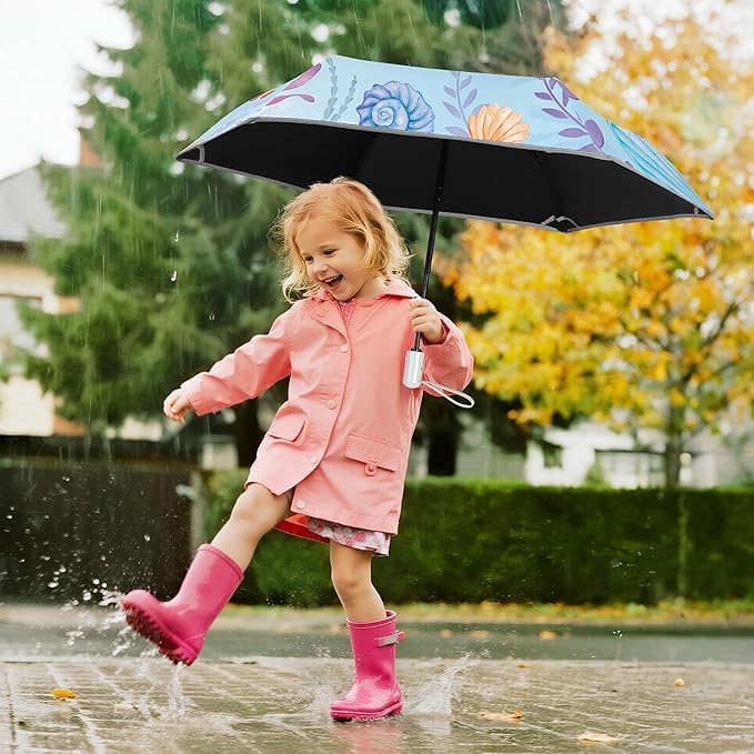 Kids Folding Umbrella Auto Open/Close Umbrellas for Rain Round Corner Safe Design UV Resistant Automatic Children Travel Umbrellas Reinforced Canopy 360° Reflective Strip Lightweight for Girls & Boys
