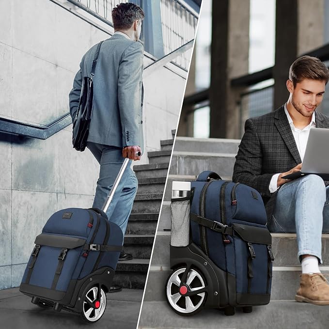 MATEIN Rolling Backpack with Wheels, 17 Inch Large Roller Backpack with Combination Lock, Water Resistant Anti Theft Travel Wheeled Backpacks Laptop Back Pack for Men Women Work Business Commute, Blue