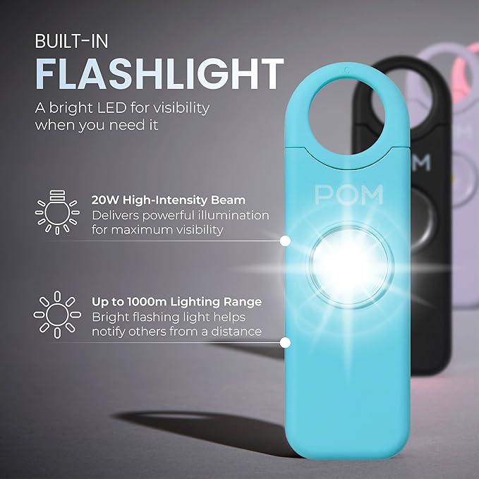 POM Personal Safety Alarm for Women – 130dB Loud Emergency Siren, USB-C Rechargeable with Bright LED Flashlight, Portable Keychain Design for Self Defense, Purse, Backpack & Travel (Aqua)