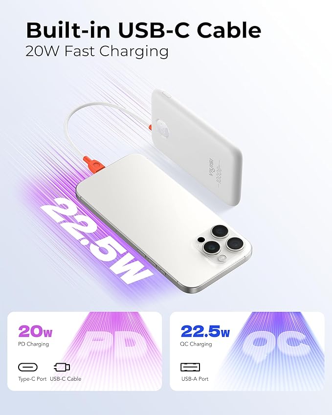 VIYISI Slim Portable Charger Power Bank 10000mAh, PD 20W Fast Charging Compact Battery Pack with Built-in USB C Cable, Travel Essential Compatible with iPhone 17 16 15, Samsung S25 A16, Android-White