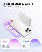 VIYISI Slim Portable Charger Power Bank 10000mAh, PD 20W Fast Charging Compact Battery Pack with Built-in USB C Cable, Travel Essential Compatible with iPhone 17 16 15, Samsung S25 A16, Android-White