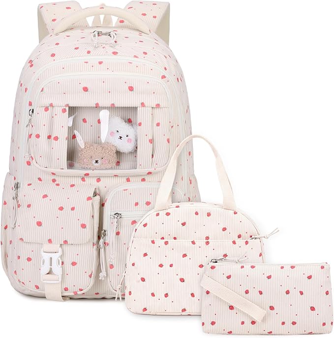 PIG PIG GIRL Corduroy Backpack 3PCS Kids Backpack for Girls School Bags for Middle School Students Book Bag for Elementary Primary Kawaii Ita Backpack with Lunch Box Pencil Case Set, Beige Strawberry